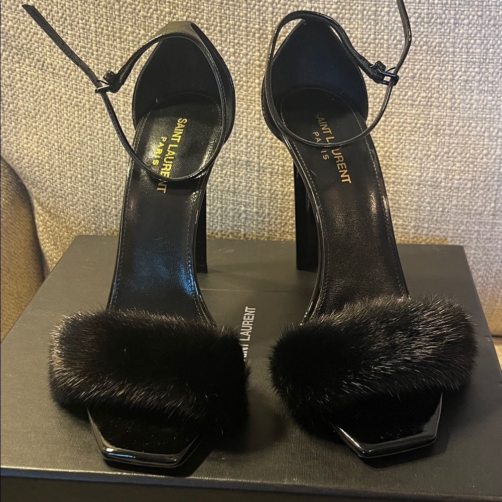 Saint Laurent Black Fur Accent Heels